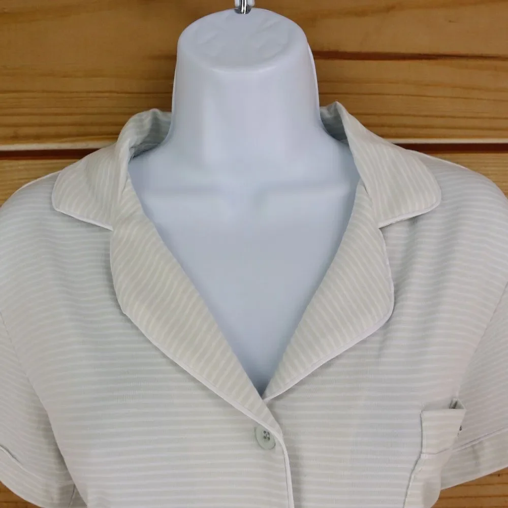 Tahari Pajama Top Button Up Short Sleeves Womens Size M Green White Striped SOFT